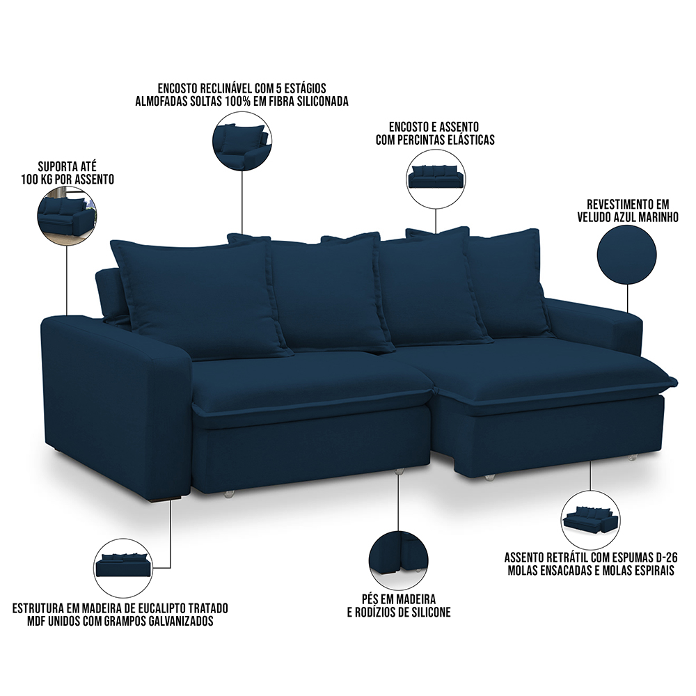 Sofá Retrátil Reclinável Para Sala de Estar Living 195cm Vêneto F04 Veludo Azul - Lyam Decor