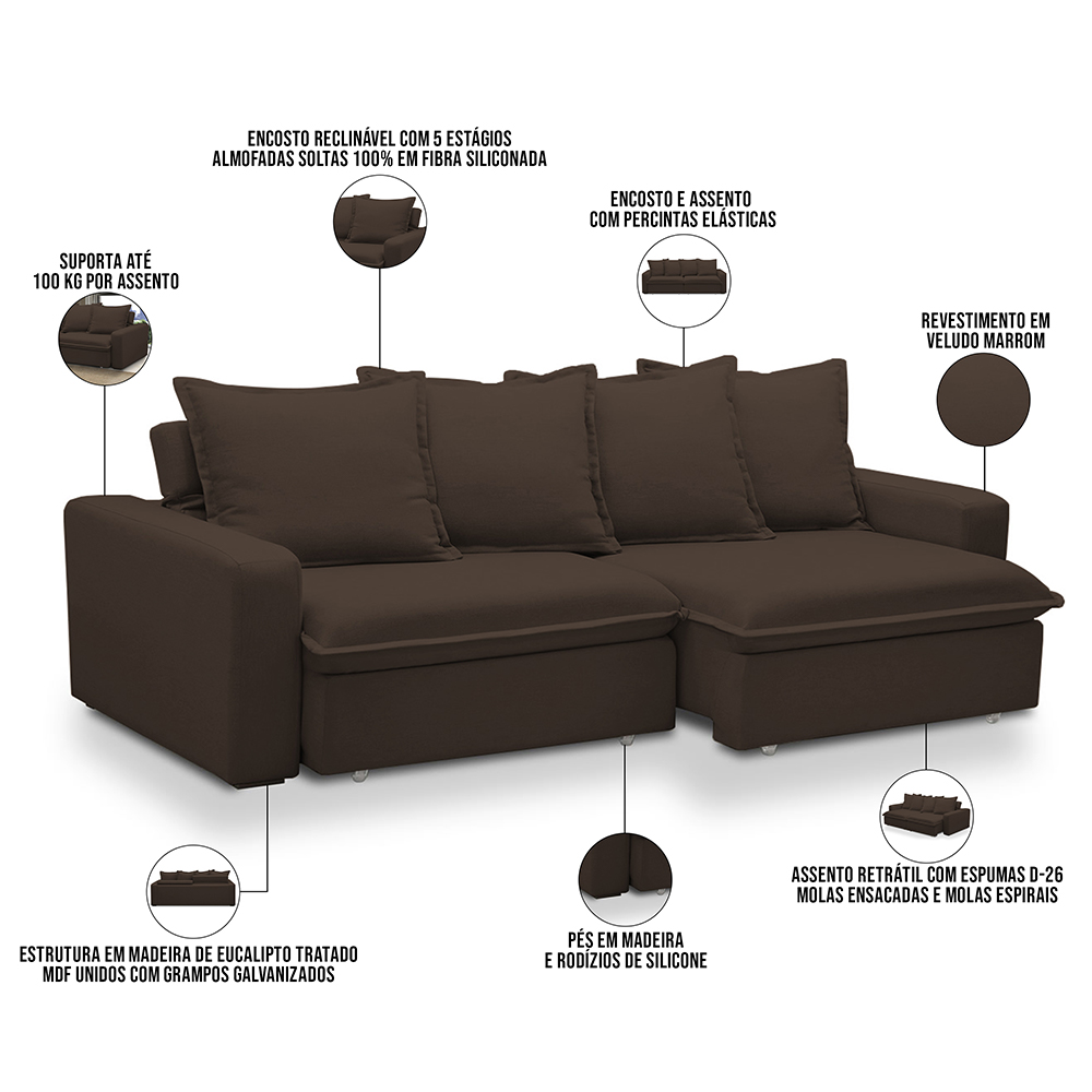 Sofá Retrátil Reclinável Para Sala de Estar Living 195cm Vêneto F04 Veludo Marrom - Lyam Decor
