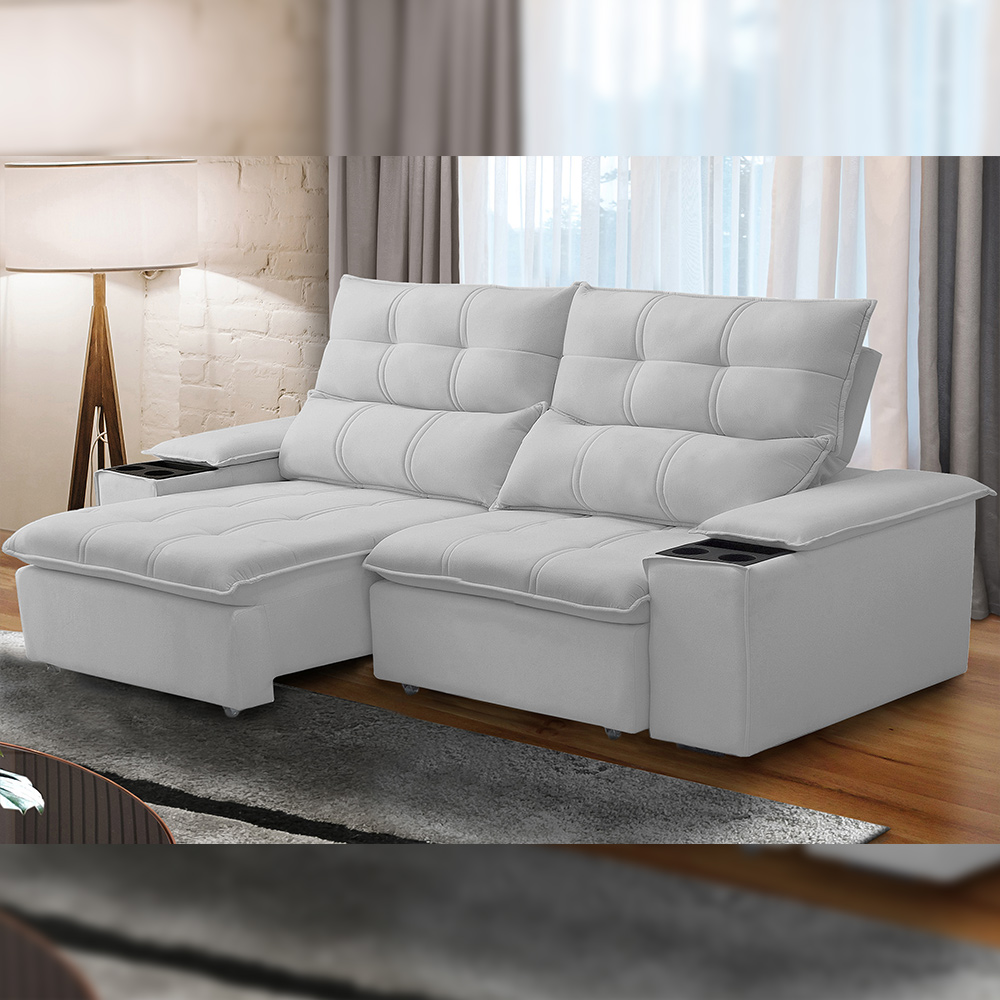 Sofá Retrátil Reclinável Para Sala de Estar Living 210cm Ártico F04 Bouclê Cinza - Lyam Decor