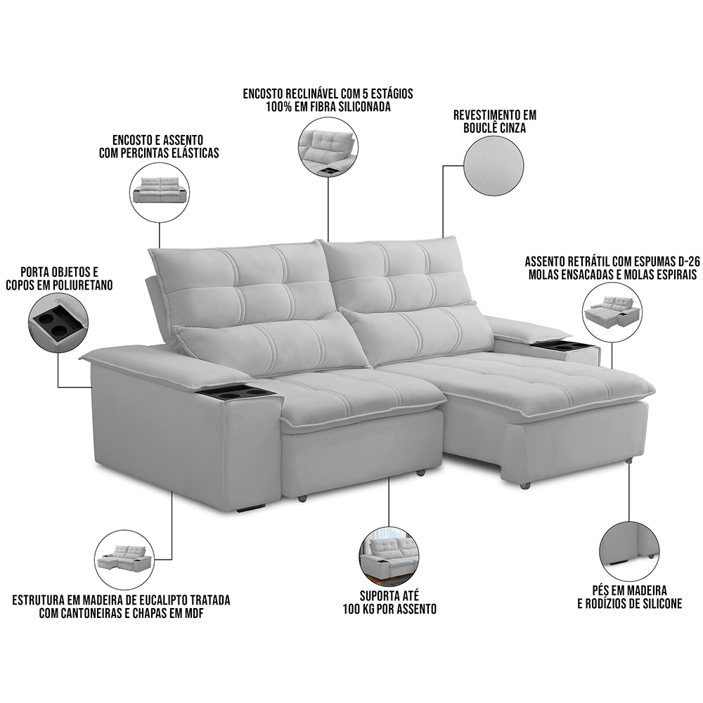 Sofá Retrátil Reclinável Para Sala de Estar Living 210cm Ártico F04 Bouclê Cinza - Lyam Decor
