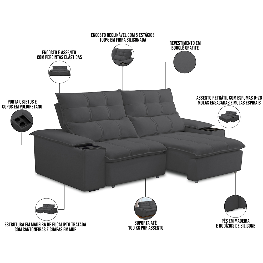 Sofá Retrátil Reclinável Para Sala de Estar Living 210cm Ártico F04 Bouclê Grafite - Lyam Decor