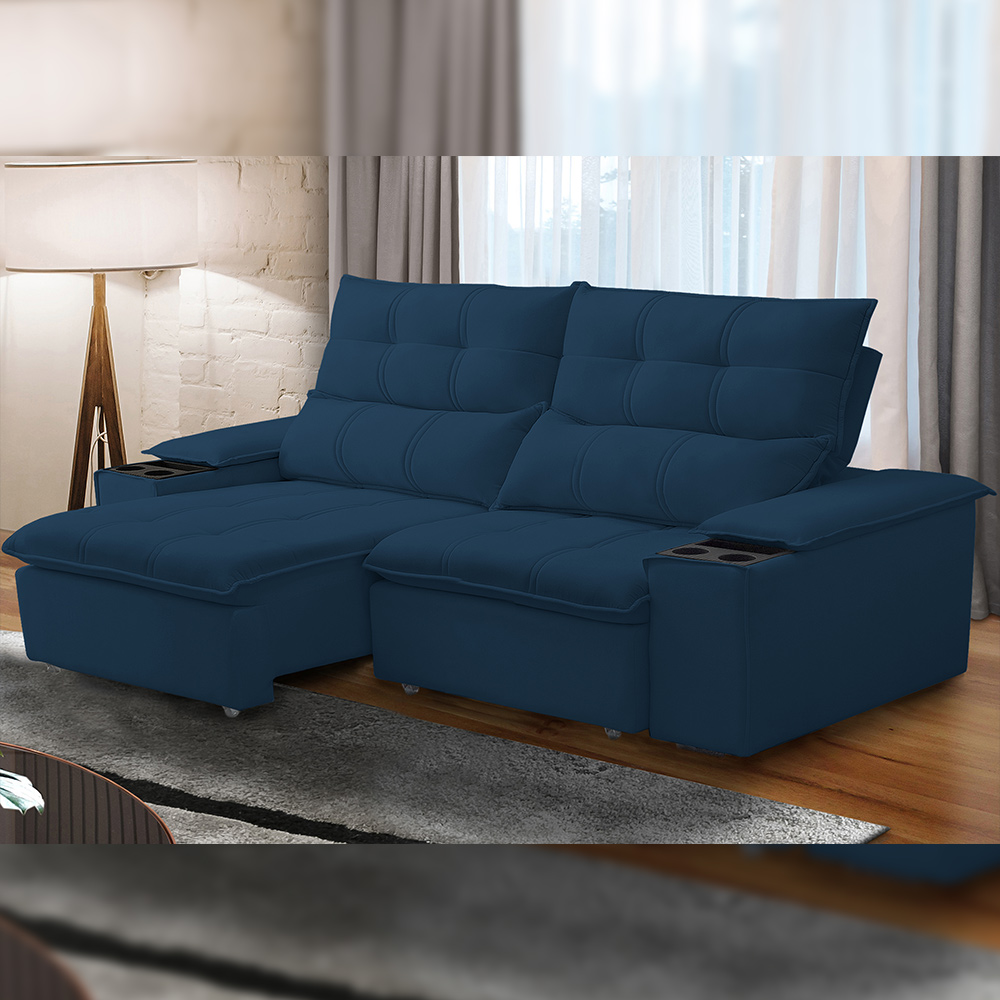 Sofá Retrátil Reclinável Para Sala de Estar Living 210cm Ártico F04 Veludo Azul - Lyam Decor