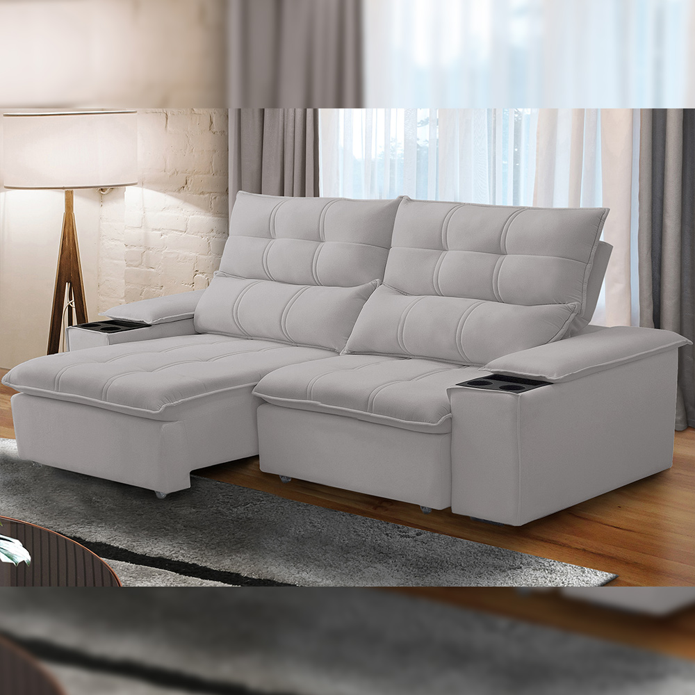 Sofá Retrátil Reclinável Para Sala de Estar Living 210cm Ártico F04 Veludo Cinza - Lyam Decor
