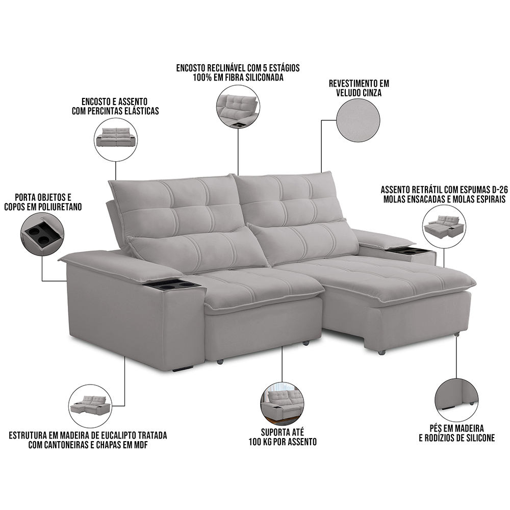 Sofá Retrátil Reclinável Para Sala de Estar Living 210cm Ártico F04 Veludo Cinza - Lyam Decor