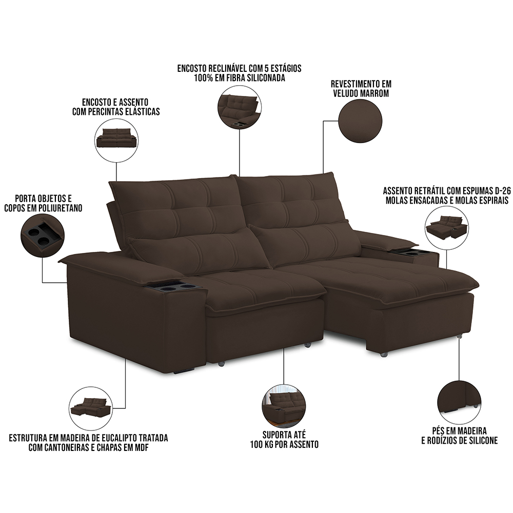 Sofá Retrátil Reclinável Para Sala de Estar Living 210cm Ártico F04 Veludo Marrom - Lyam Decor
