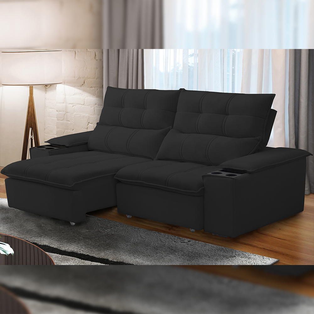 Sofá Retrátil Reclinável Para Sala de Estar Living 210cm Ártico F04 Veludo Preto - Lyam Decor