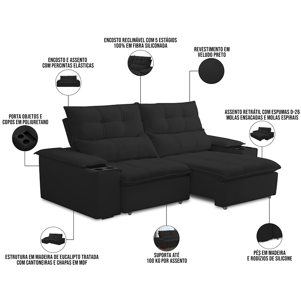 Sofá Retrátil Reclinável Para Sala de Estar Living 210cm Ártico F04 Veludo Preto - Lyam Decor