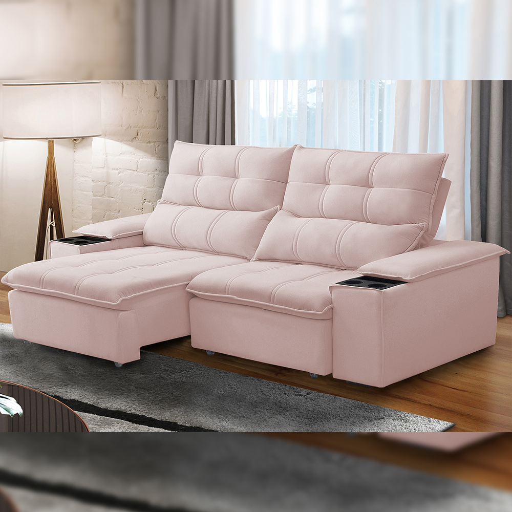 Sofá Retrátil Reclinável Para Sala de Estar Living 210cm Ártico F04 Veludo Rosê - Lyam Decor