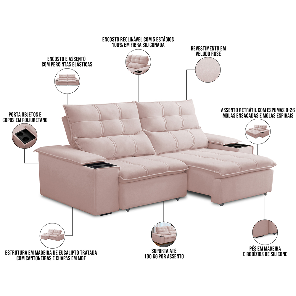 Sofá Retrátil Reclinável Para Sala de Estar Living 210cm Ártico F04 Veludo Rosê - Lyam Decor