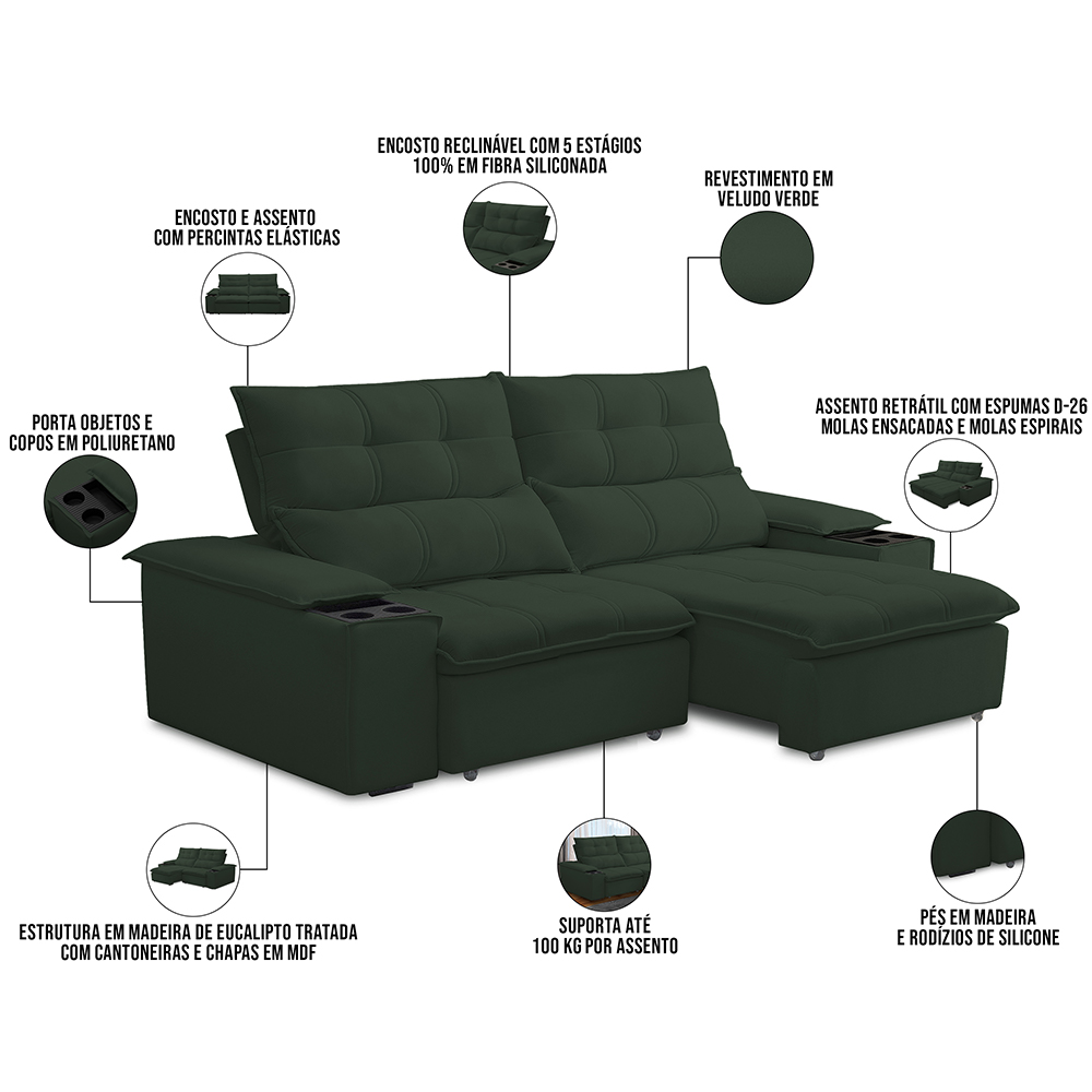 Sofá Retrátil Reclinável Para Sala de Estar Living 210cm Ártico F04 Veludo Verde - Lyam Decor