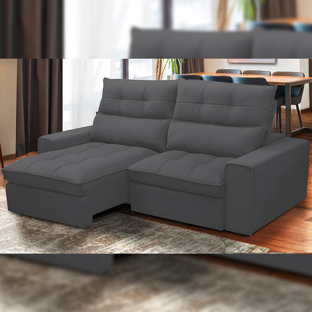 Sofá Retrátil Reclinável Para Sala de Estar Living 210cm Dimas F04 Bouclê Grafite - Lyam Decor
