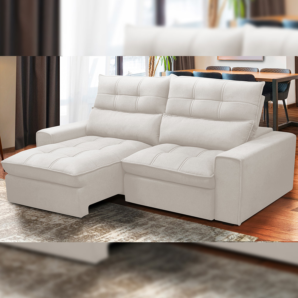 Sofá Retrátil Reclinável Para Sala de Estar Living 210cm Dimas F04 Bouclê Off White - Lyam Decor