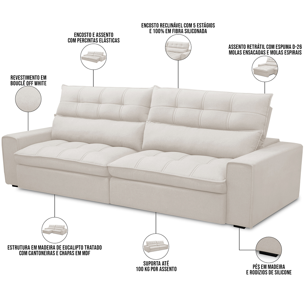 Sofá Retrátil Reclinável Para Sala de Estar Living 210cm Dimas F04 Bouclê Off White - Lyam Decor