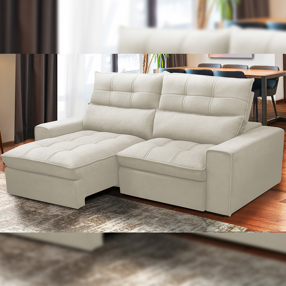 Sofá Retrátil Reclinável Para Sala de Estar Living 210cm Dimas F04 Veludo Bege - Lyam Decor