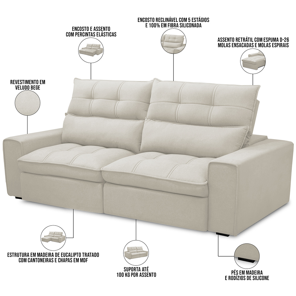 Sofá Retrátil Reclinável Para Sala de Estar Living 210cm Dimas F04 Veludo Bege - Lyam Decor