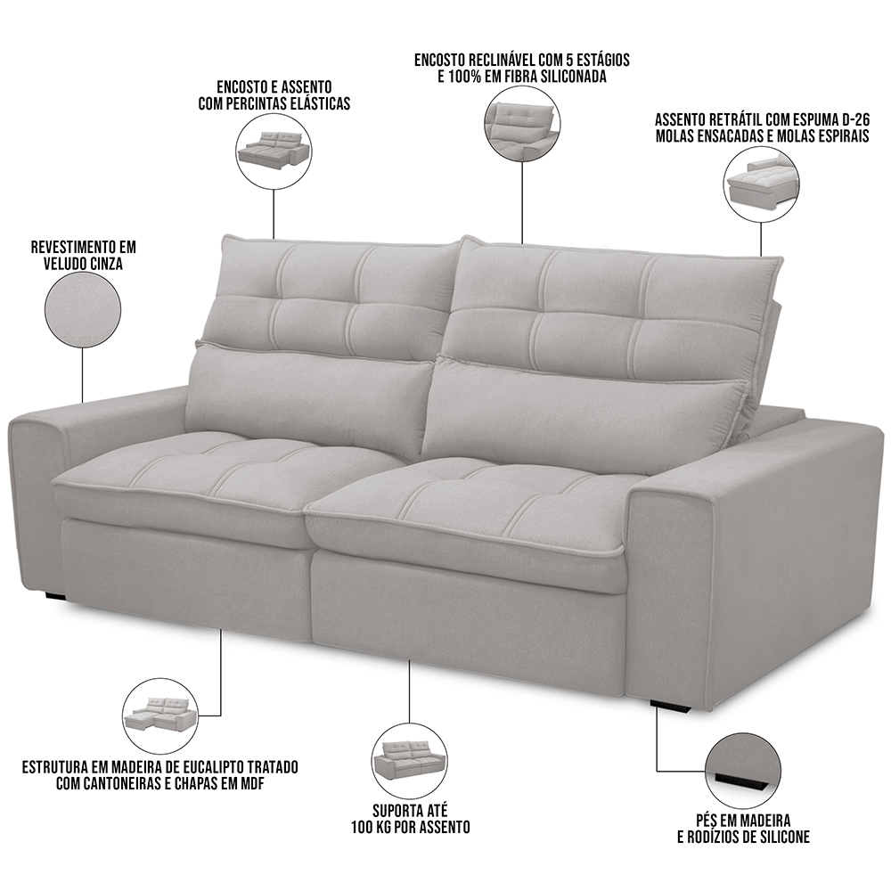 Sofá Retrátil Reclinável Para Sala de Estar Living 210cm Dimas F04 Veludo Cinza - Lyam Decor