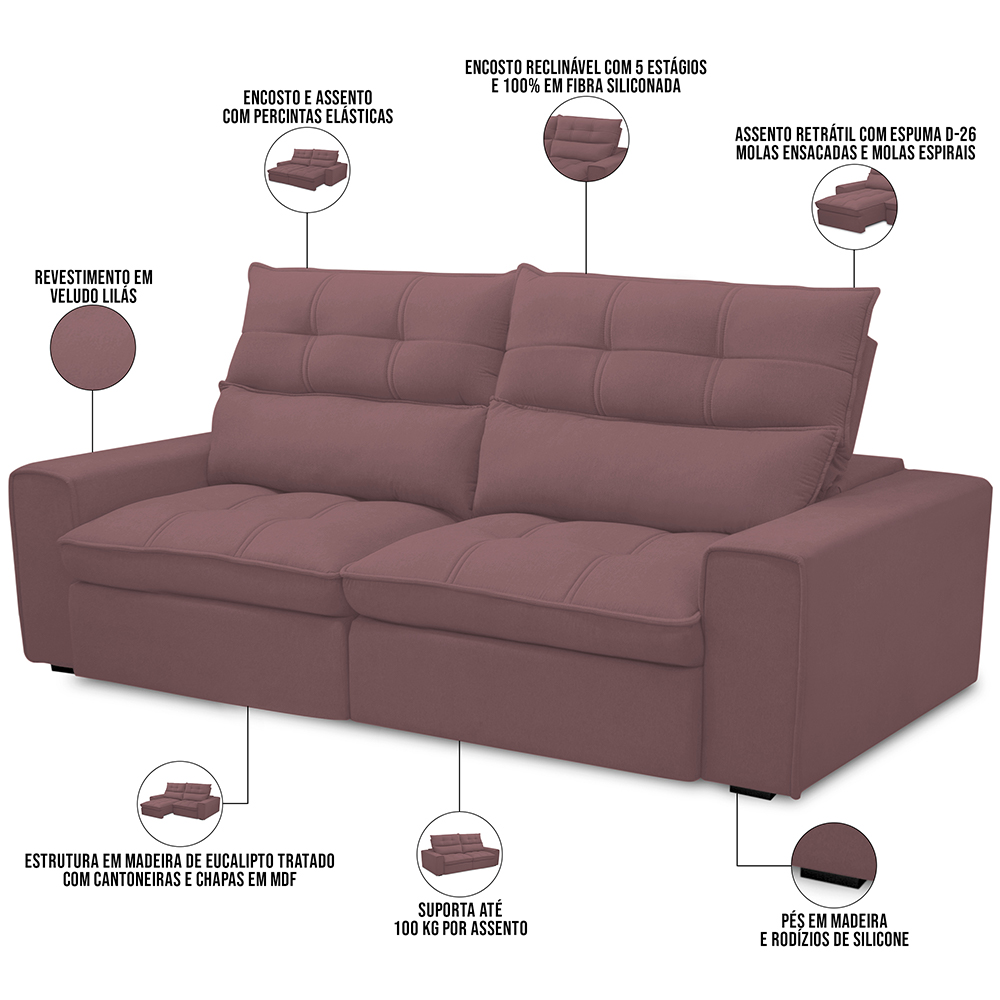 Sofá Retrátil Reclinável Para Sala de Estar Living 210cm Dimas F04 Veludo Lilás - Lyam Decor