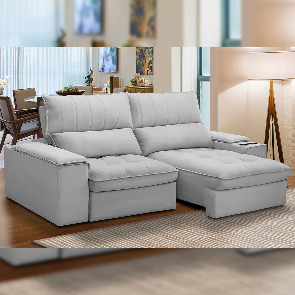Sofá Retrátil Reclinável Para Sala de Estar Living 210cm Nápoles F04 Bouclê Cinza - Lyam Decor