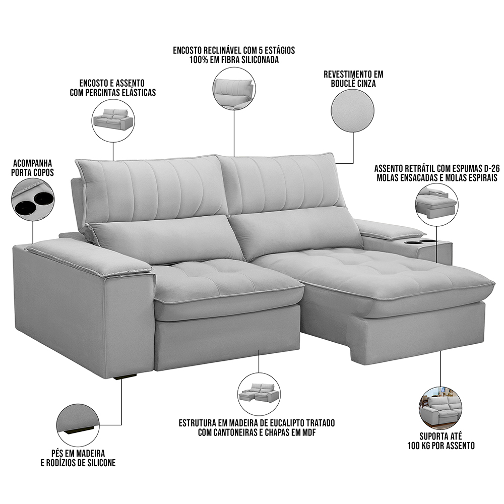 Sofá Retrátil Reclinável Para Sala de Estar Living 210cm Nápoles F04 Bouclê Cinza - Lyam Decor