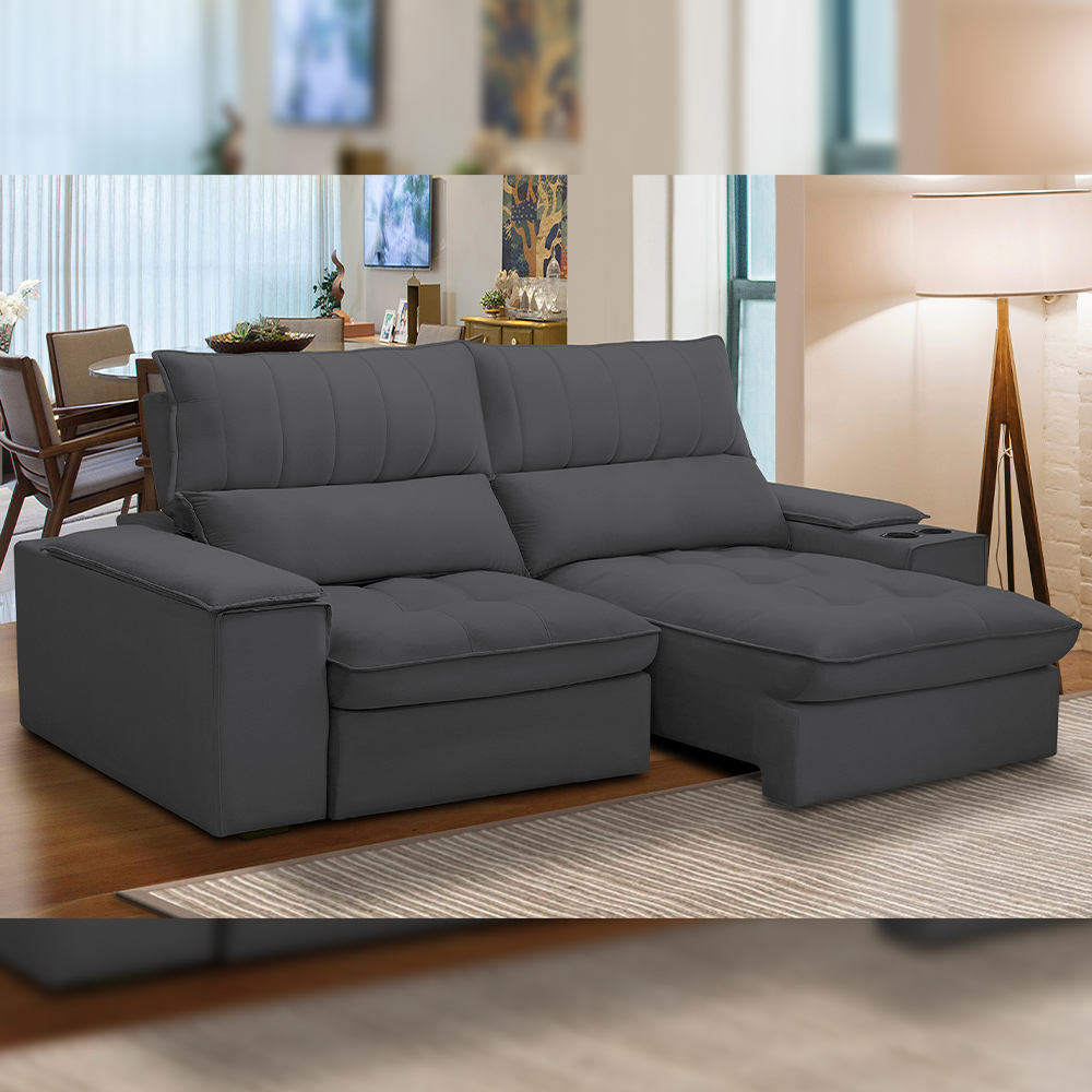 Sofá Retrátil Reclinável Para Sala de Estar Living 210cm Nápoles F04 Bouclê Grafite - Lyam Decor