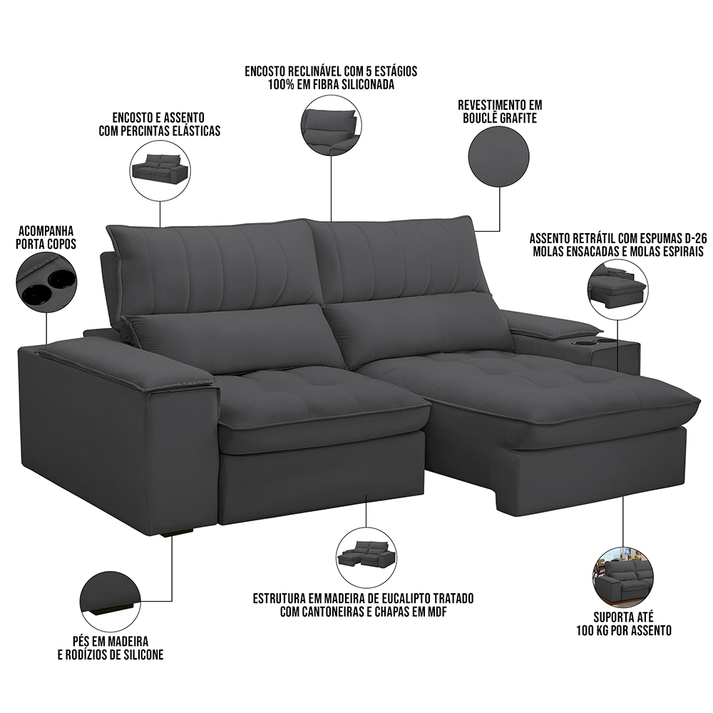 Sofá Retrátil Reclinável Para Sala de Estar Living 210cm Nápoles F04 Bouclê Grafite - Lyam Decor