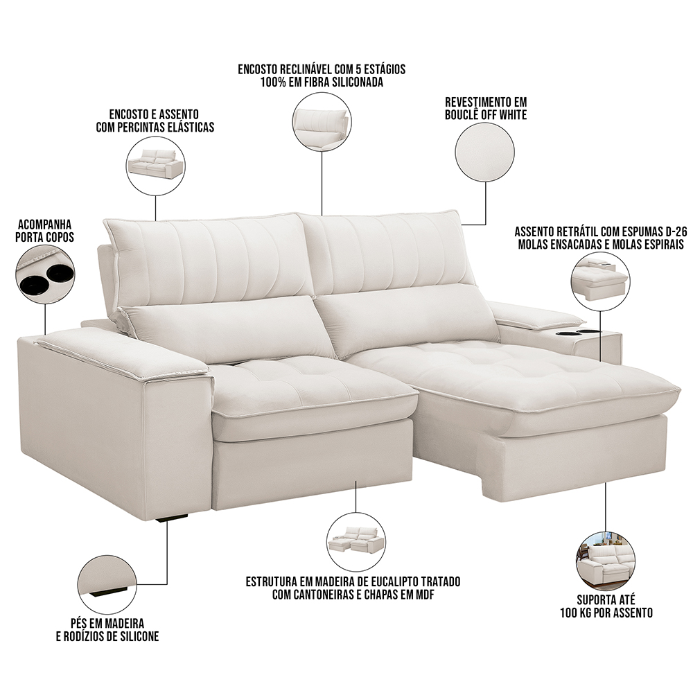 Sofá Retrátil Reclinável Para Sala de Estar Living 210cm Nápoles F04 Bouclê Off White - Lyam Decor