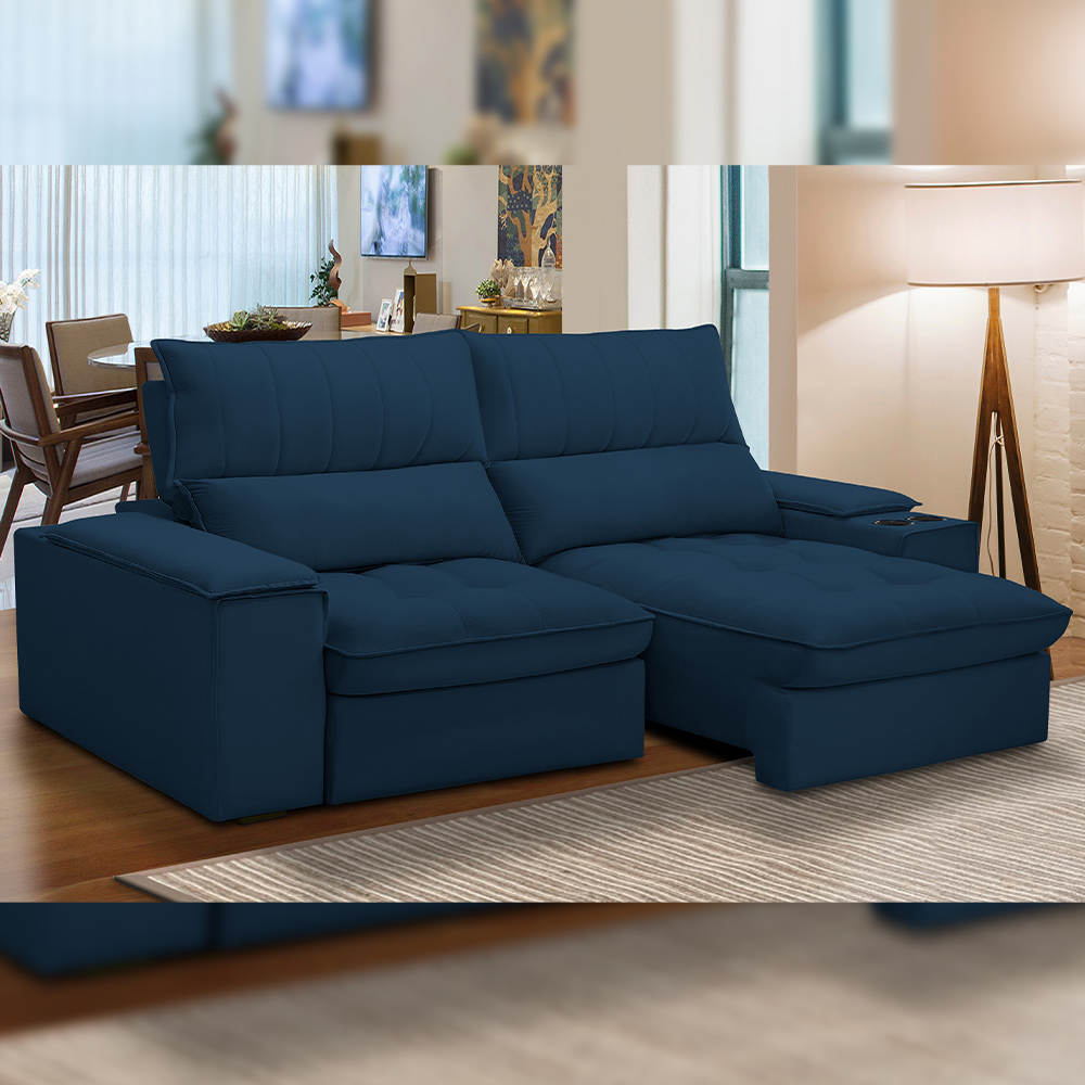 Sofá Retrátil Reclinável Para Sala de Estar Living 210cm Nápoles F04 Veludo Azul - Lyam Decor