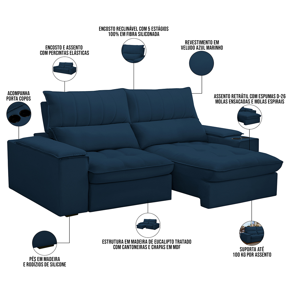 Sofá Retrátil Reclinável Para Sala de Estar Living 210cm Nápoles F04 Veludo Azul - Lyam Decor