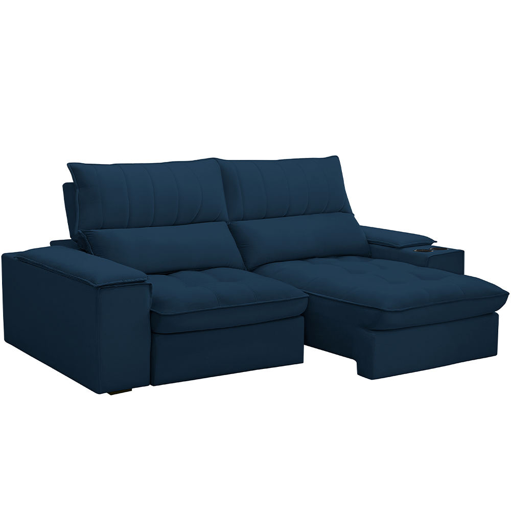 Sofá Retrátil Reclinável Para Sala de Estar Living 210cm Nápoles F04 Veludo Azul - Lyam Decor