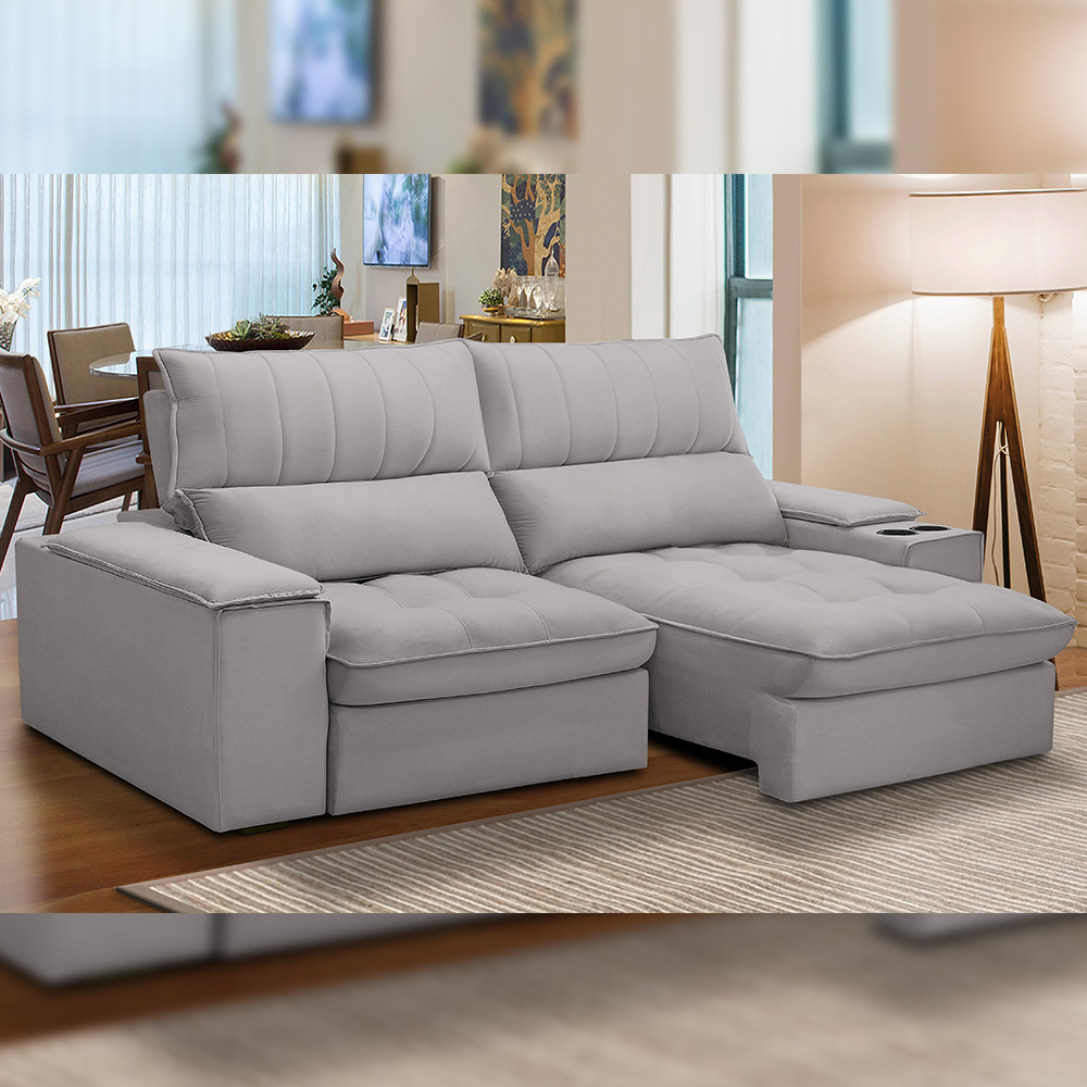 Sofá Retrátil Reclinável Para Sala de Estar Living 210cm Nápoles F04 Veludo Cinza - Lyam Decor