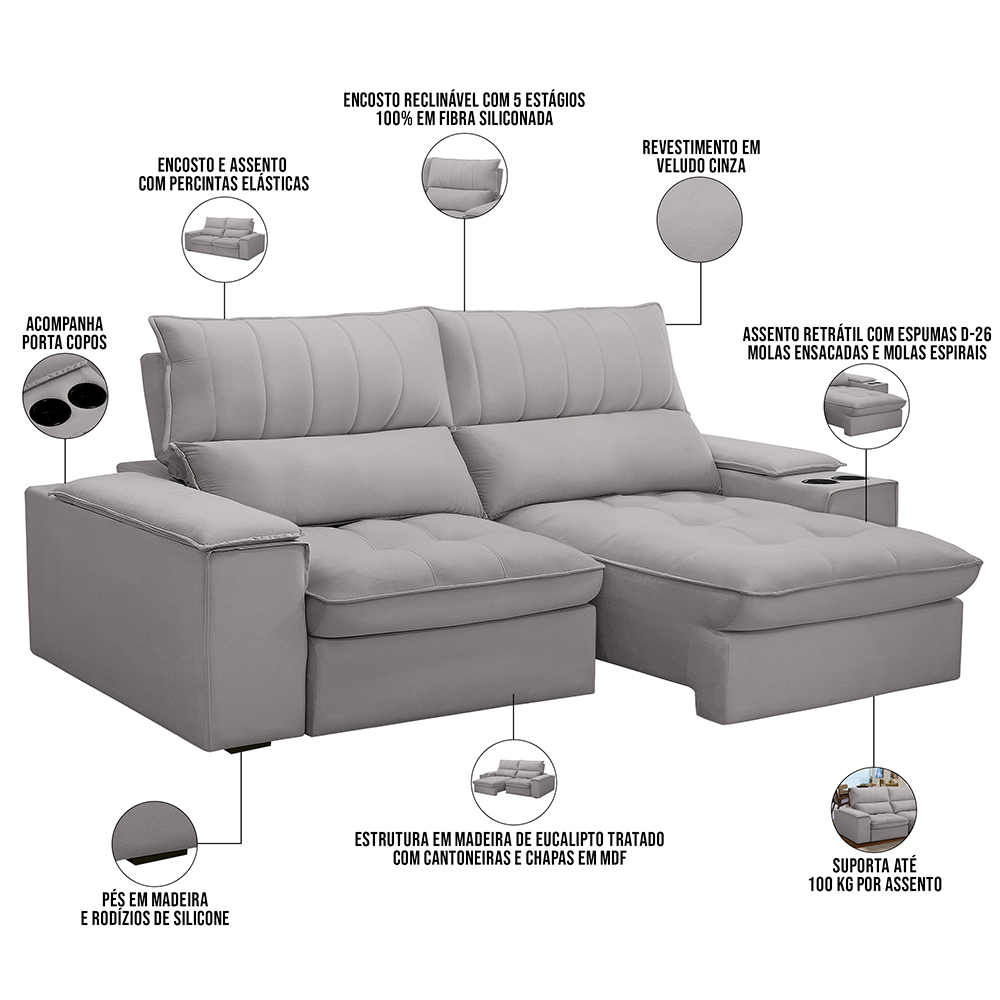 Sofá Retrátil Reclinável Para Sala de Estar Living 210cm Nápoles F04 Veludo Cinza - Lyam Decor