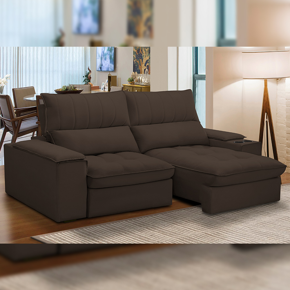 Sofá Retrátil Reclinável Para Sala de Estar Living 210cm Nápoles F04 Veludo Marrom - Lyam Decor