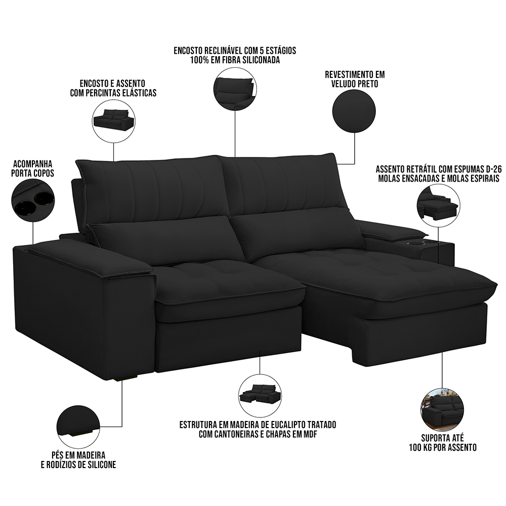 Sofá Retrátil Reclinável Para Sala de Estar Living 210cm Nápoles F04 Veludo Preto - Lyam Decor