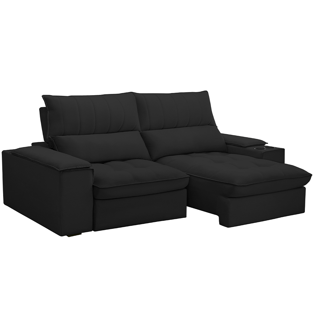 Sofá Retrátil Reclinável Para Sala de Estar Living 210cm Nápoles F04 Veludo Preto - Lyam Decor