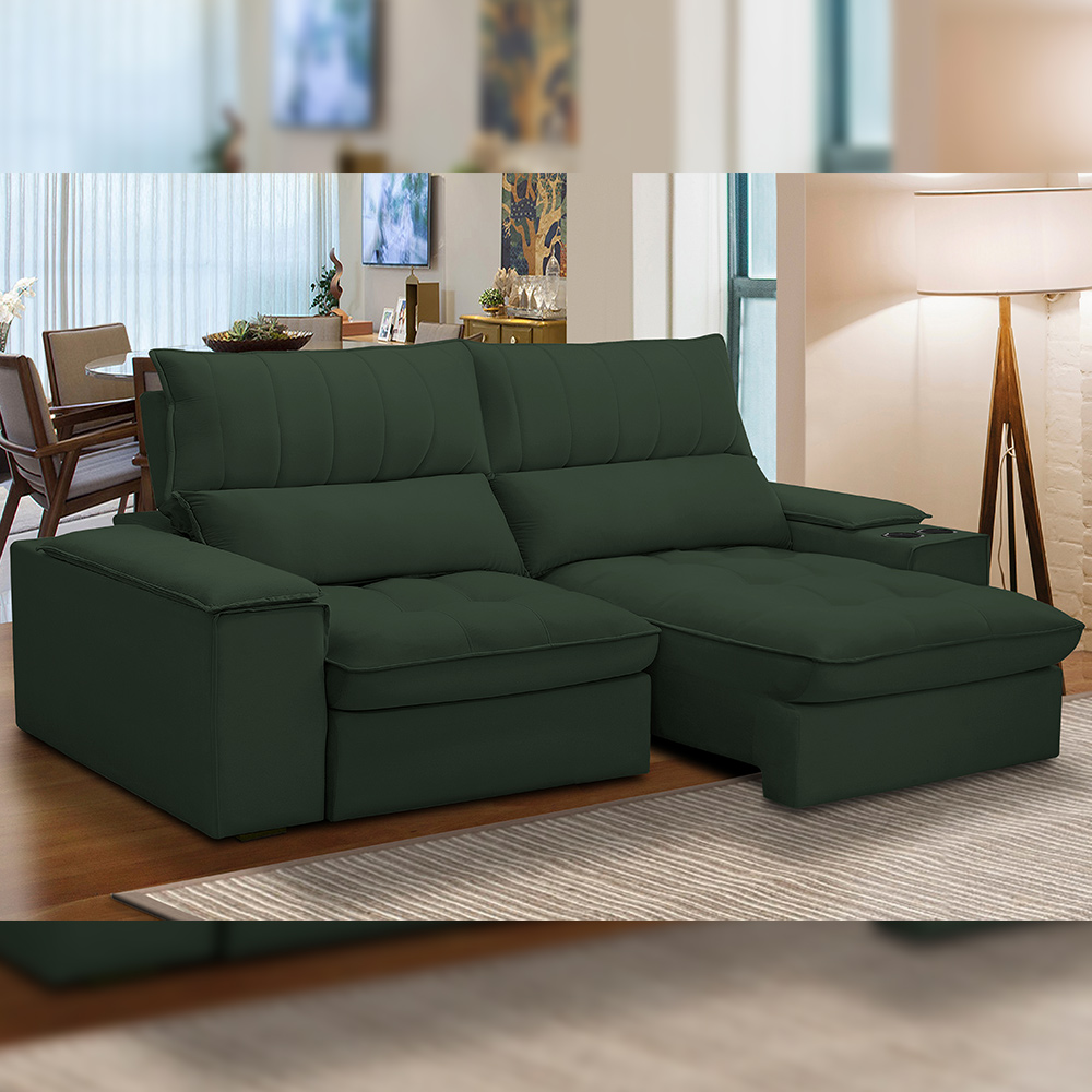 Sofá Retrátil Reclinável Para Sala de Estar Living 210cm Nápoles F04 Veludo Verde - Lyam Decor