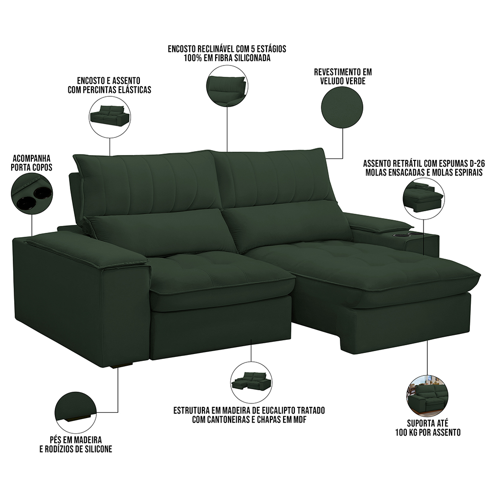 Sofá Retrátil Reclinável Para Sala de Estar Living 210cm Nápoles F04 Veludo Verde - Lyam Decor