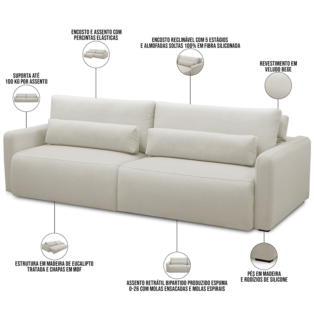 Sofá Retrátil Reclinável Para Sala de Estar Living 210cm Sevilha F04 Veludo Bege - Lyam Decor