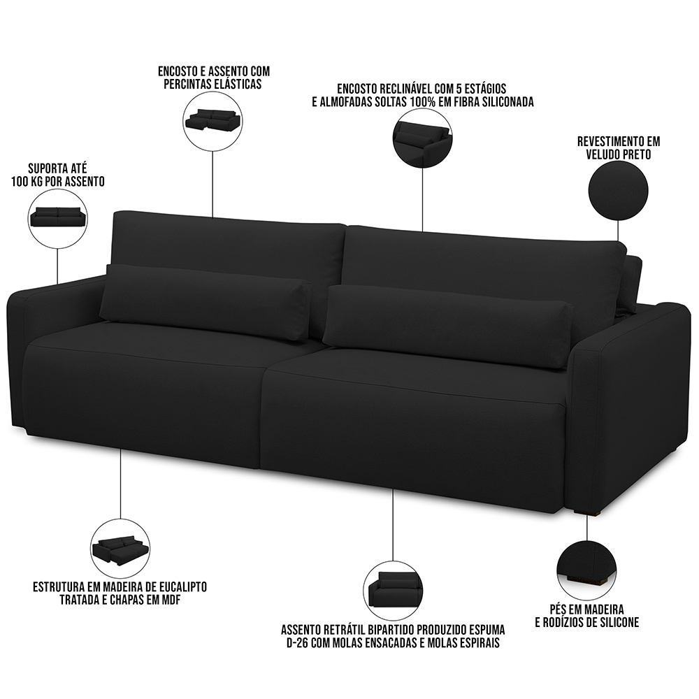 Sofá Retrátil Reclinável Para Sala de Estar Living 210cm Sevilha F04 Veludo Preto - Lyam Decor