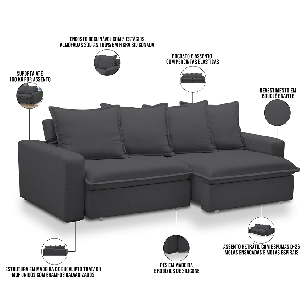Sofá Retrátil Reclinável Para Sala de Estar Living 215cm Vêneto F04 Bouclê Grafite - Lyam Decor