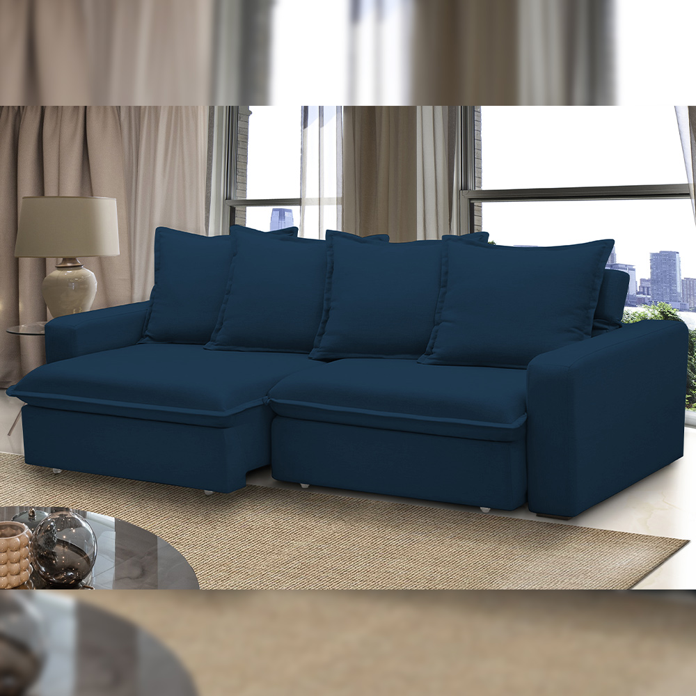 Sofá Retrátil Reclinável Para Sala de Estar Living 215cm Vêneto F04 Veludo Azul - Lyam Decor
