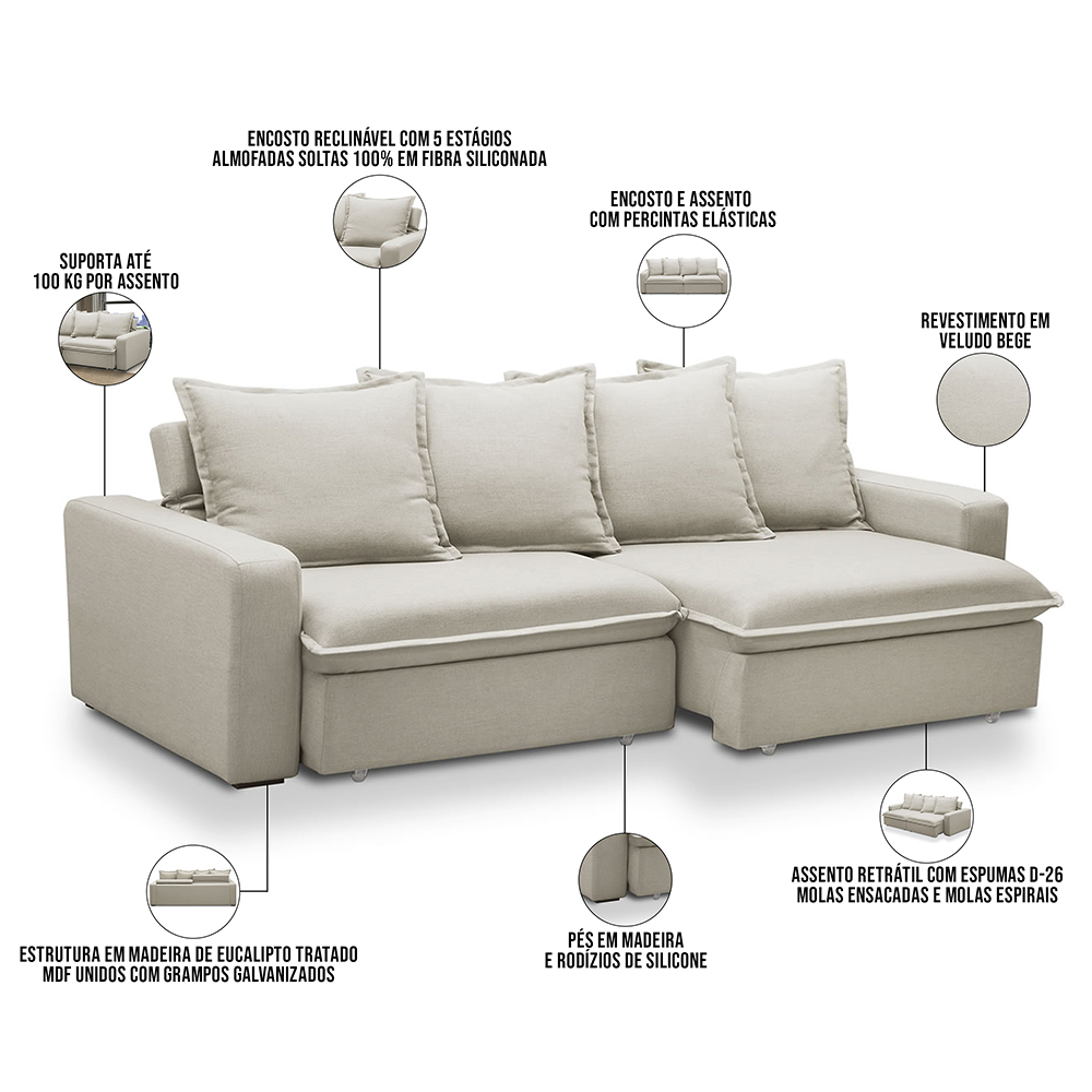 Sofá Retrátil Reclinável Para Sala de Estar Living 215cm Vêneto F04 Veludo Bege - Lyam Decor