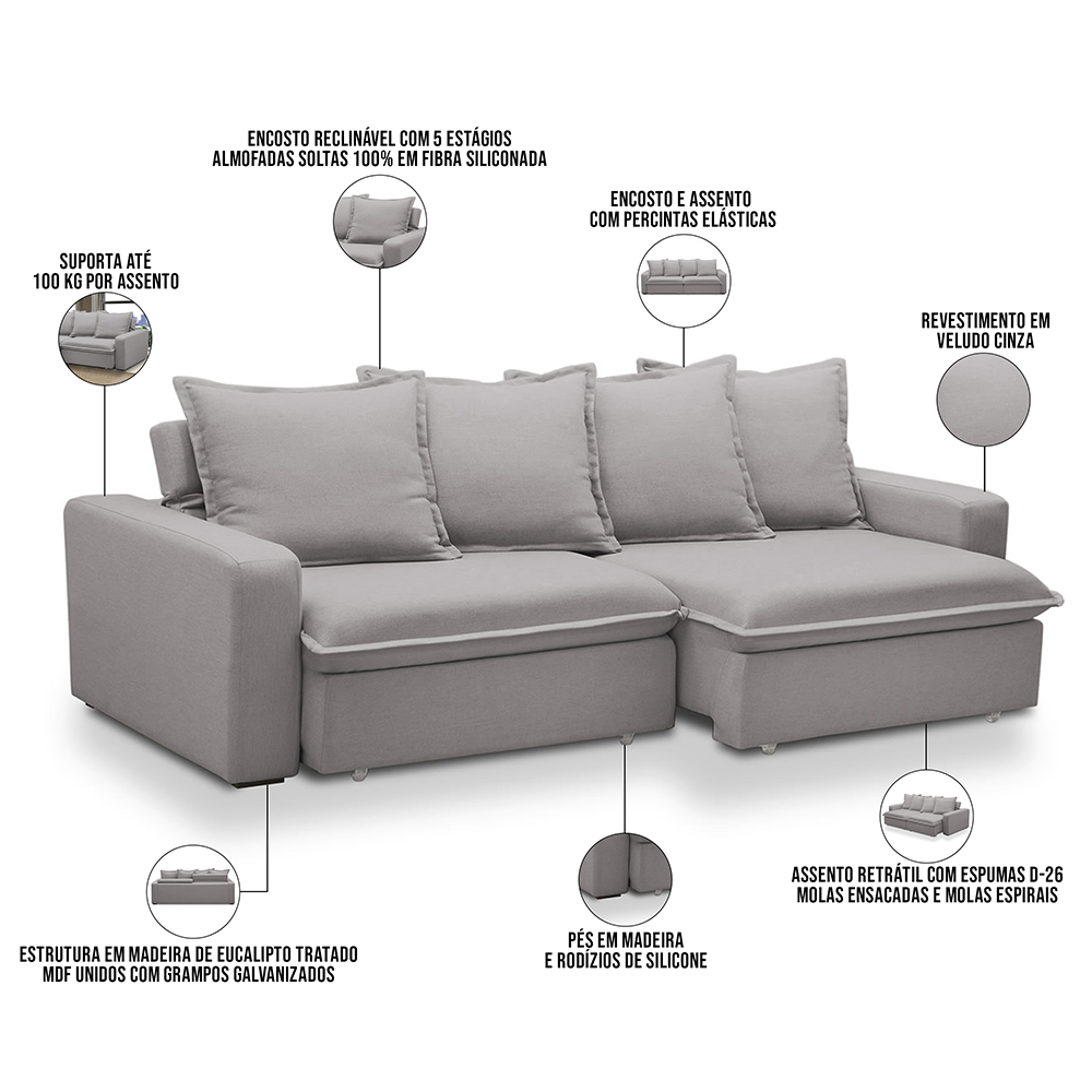 Sofá Retrátil Reclinável Para Sala de Estar Living 215cm Vêneto F04 Veludo Cinza - Lyam Decor