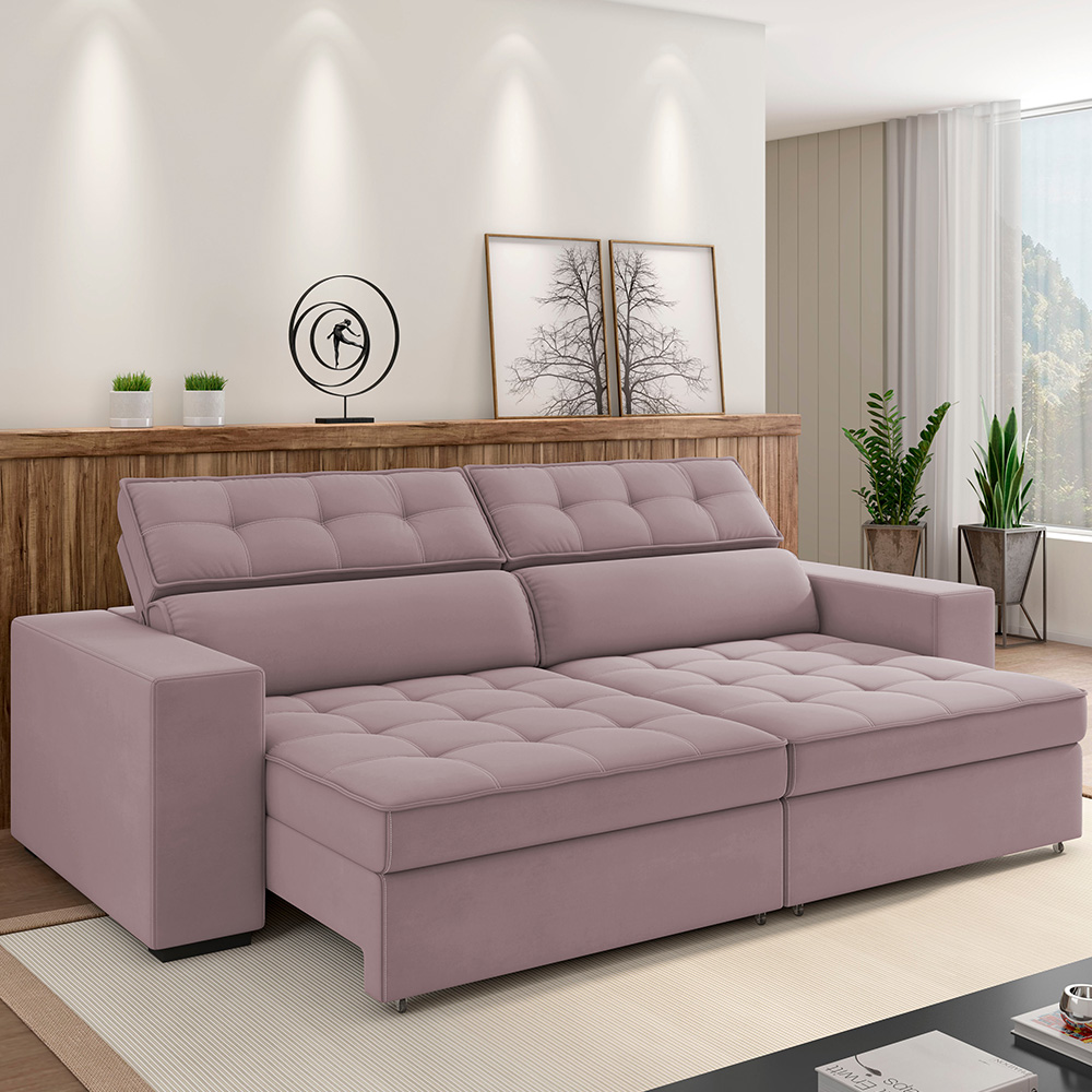 Sofá Retrátil Reclinável Para Sala de Estar Living 218cm Clara M03 Veludo Rosê - Lyam Decor