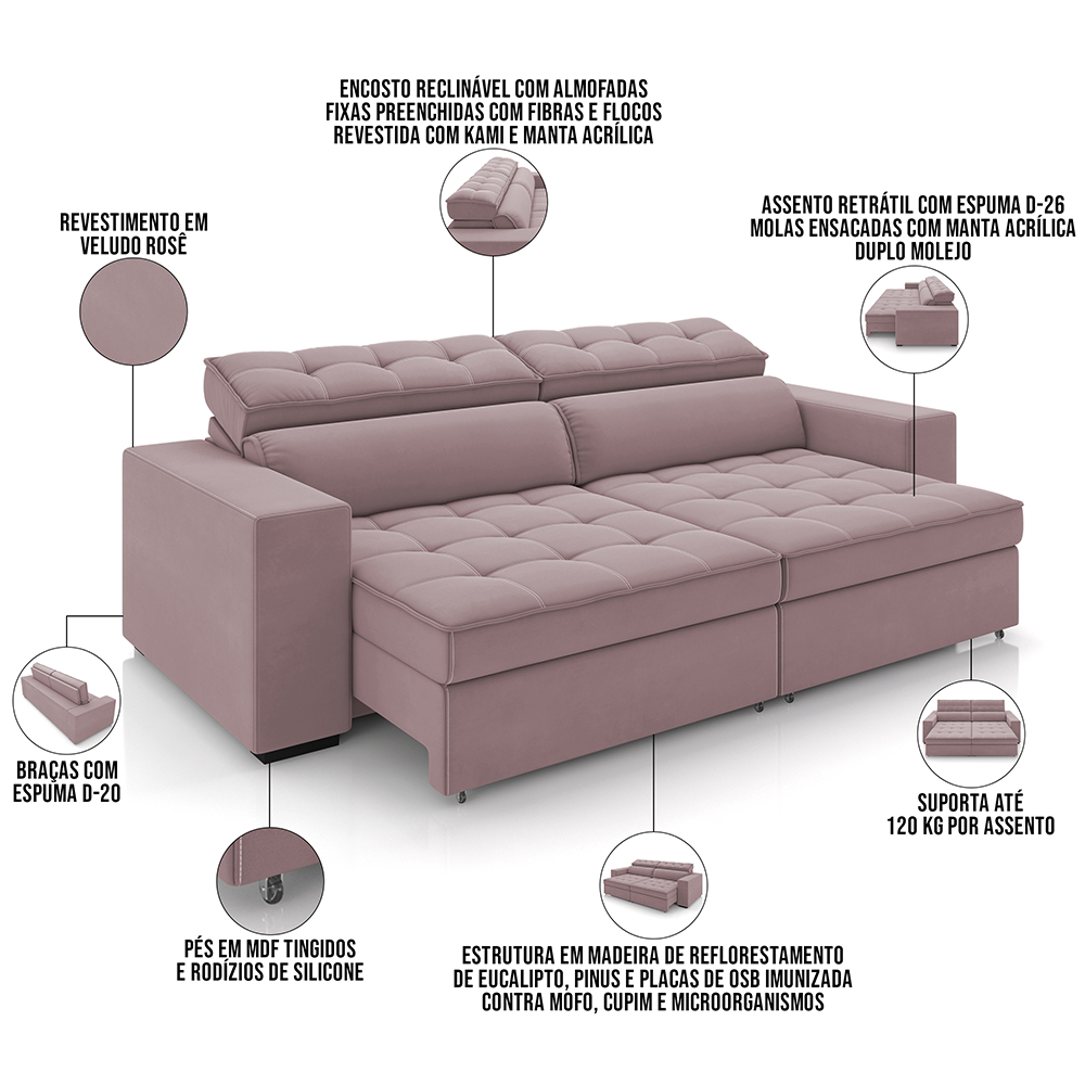 Sofá Retrátil Reclinável Para Sala de Estar Living 218cm Clara M03 Veludo Rosê - Lyam Decor