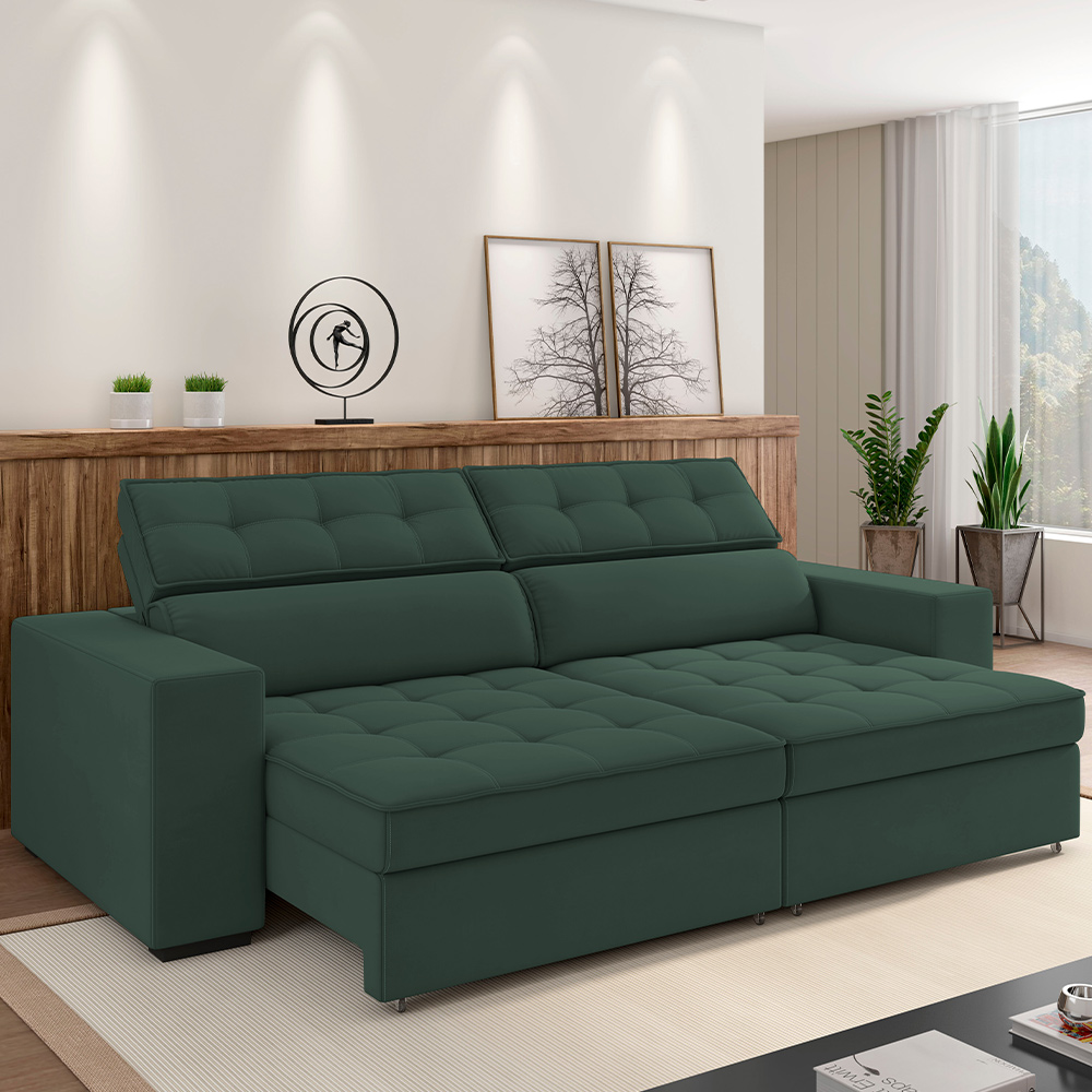 Sofá Retrátil Reclinável Para Sala de Estar Living 218cm Clara M03 Veludo Verde Musgo - Lyam Decor