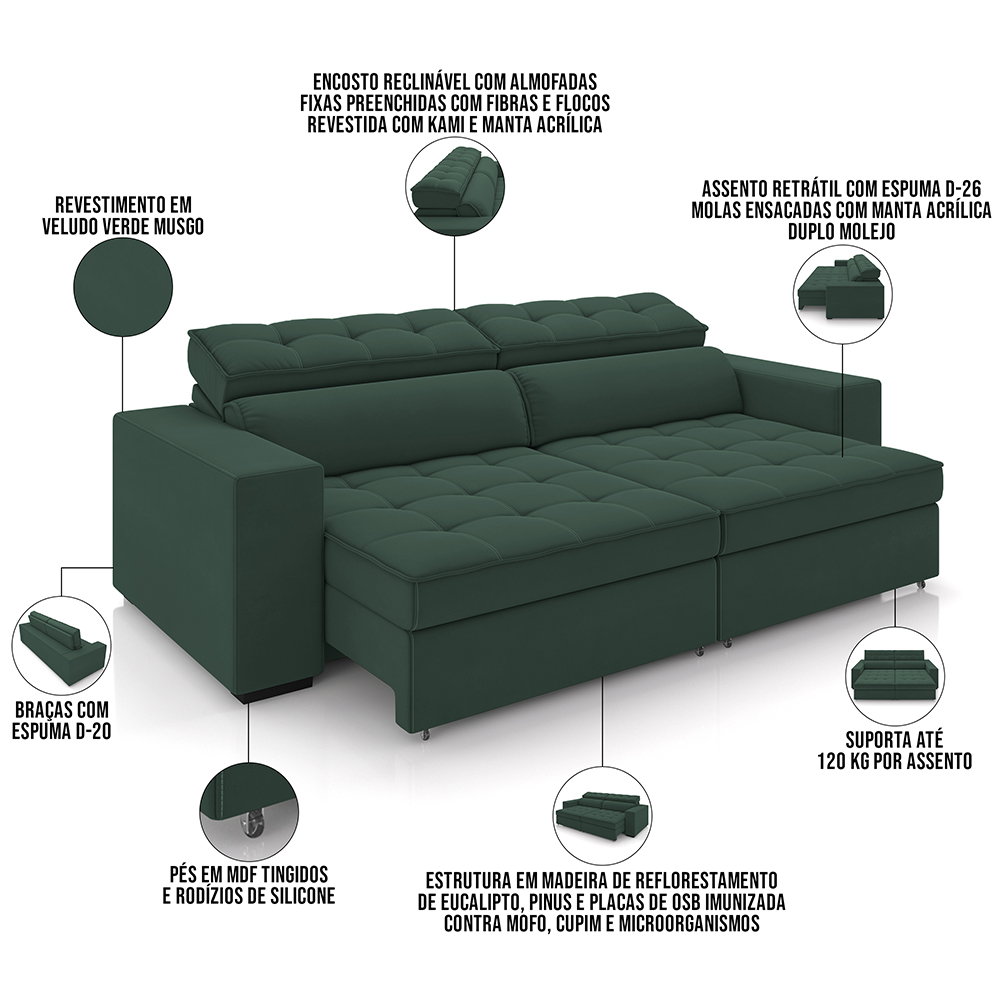 Sofá Retrátil Reclinável Para Sala de Estar Living 218cm Clara M03 Veludo Verde Musgo - Lyam Decor