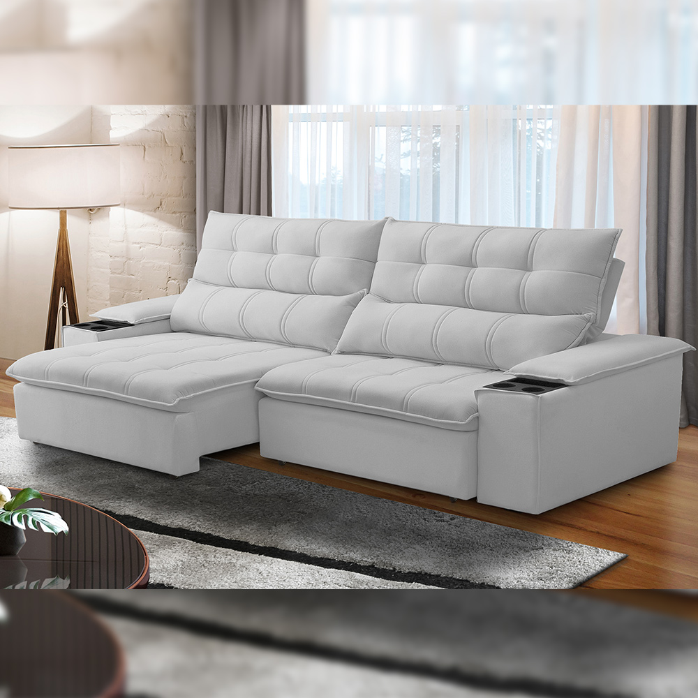 Sofá Retrátil Reclinável Para Sala de Estar Living 230cm Ártico F04 Bouclê Cinza - Lyam Decor
