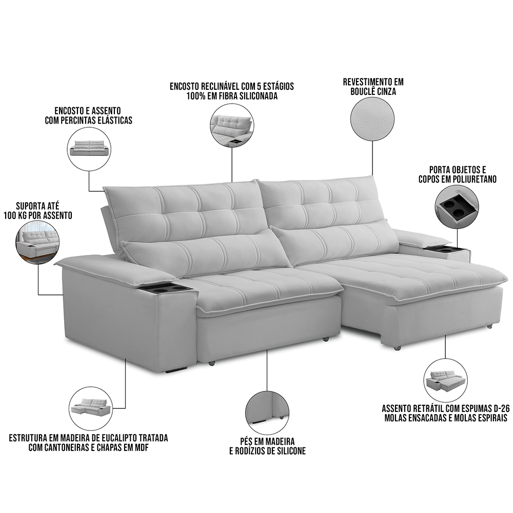 Sofá Retrátil Reclinável Para Sala de Estar Living 230cm Ártico F04 Bouclê Cinza - Lyam Decor