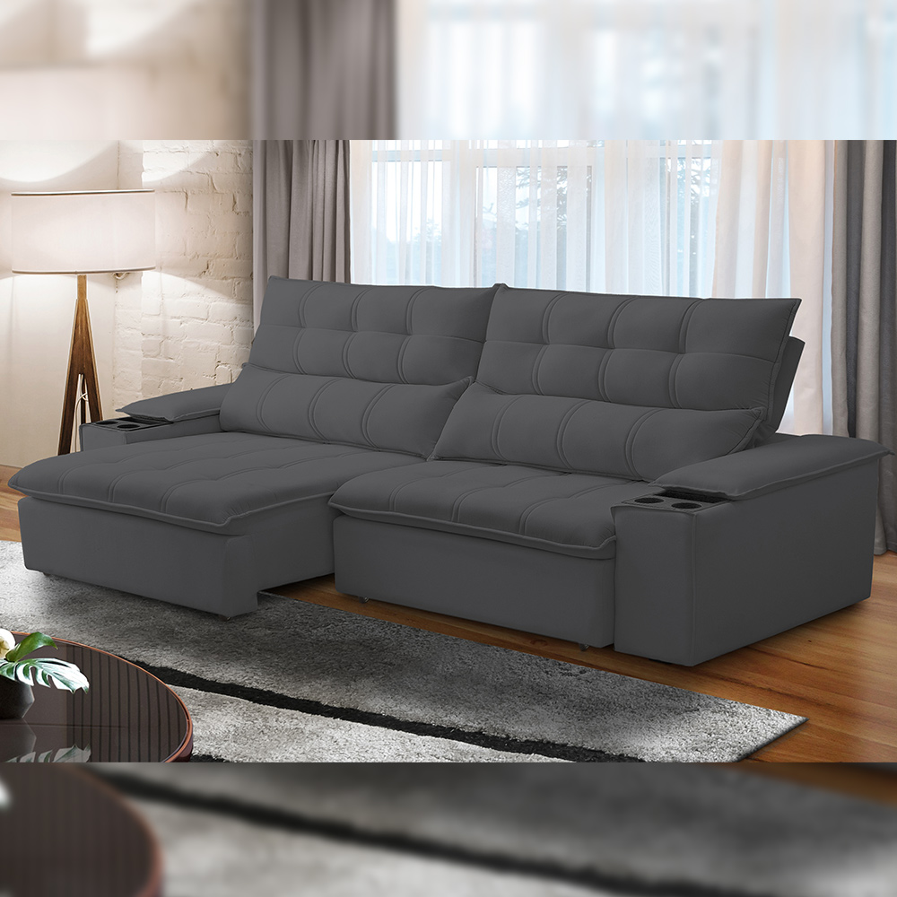 Sofá Retrátil Reclinável Para Sala de Estar Living 230cm Ártico F04 Bouclê Grafite - Lyam Decor