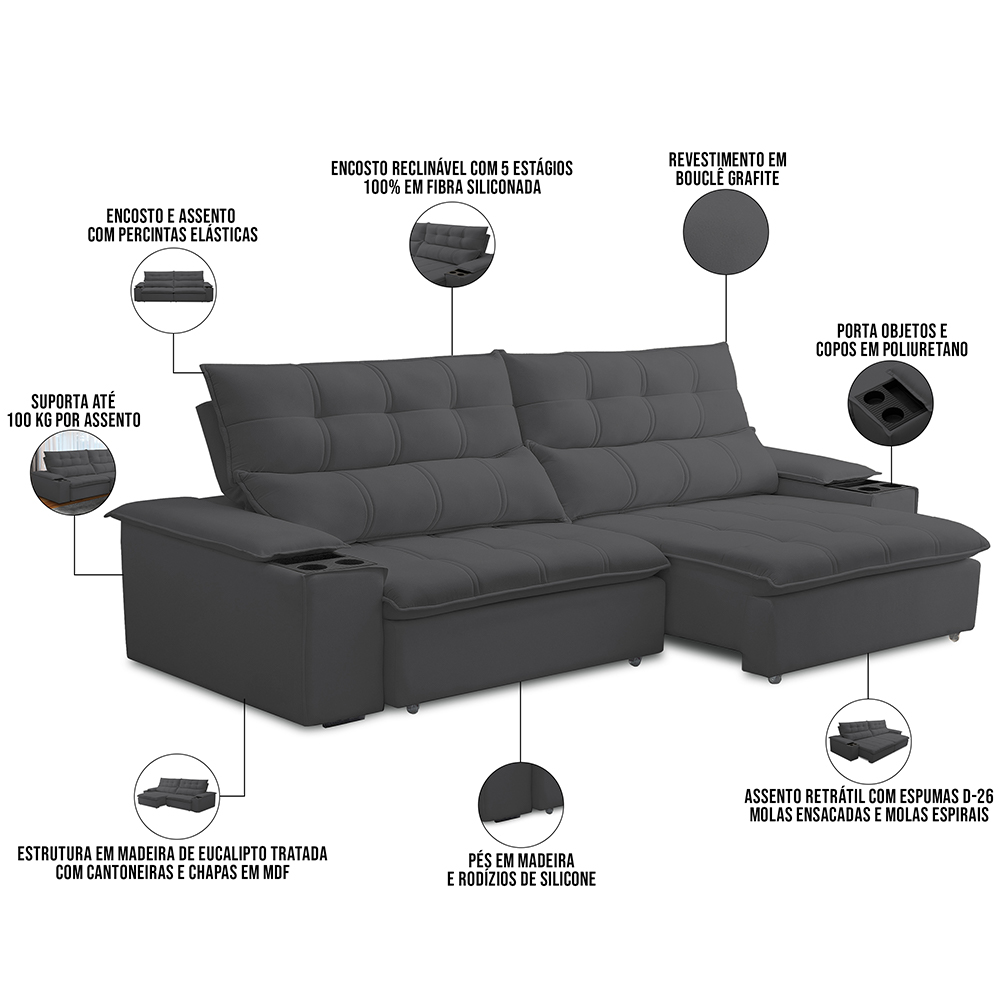 Sofá Retrátil Reclinável Para Sala de Estar Living 230cm Ártico F04 Bouclê Grafite - Lyam Decor